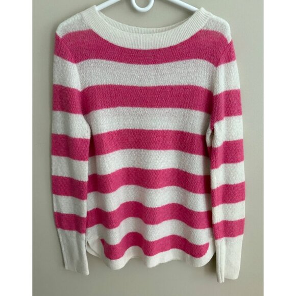 LOFT Pink and White Striped Fuzzy Warm Textured Shirttail Sweater Size Large - Picture 3 of 12